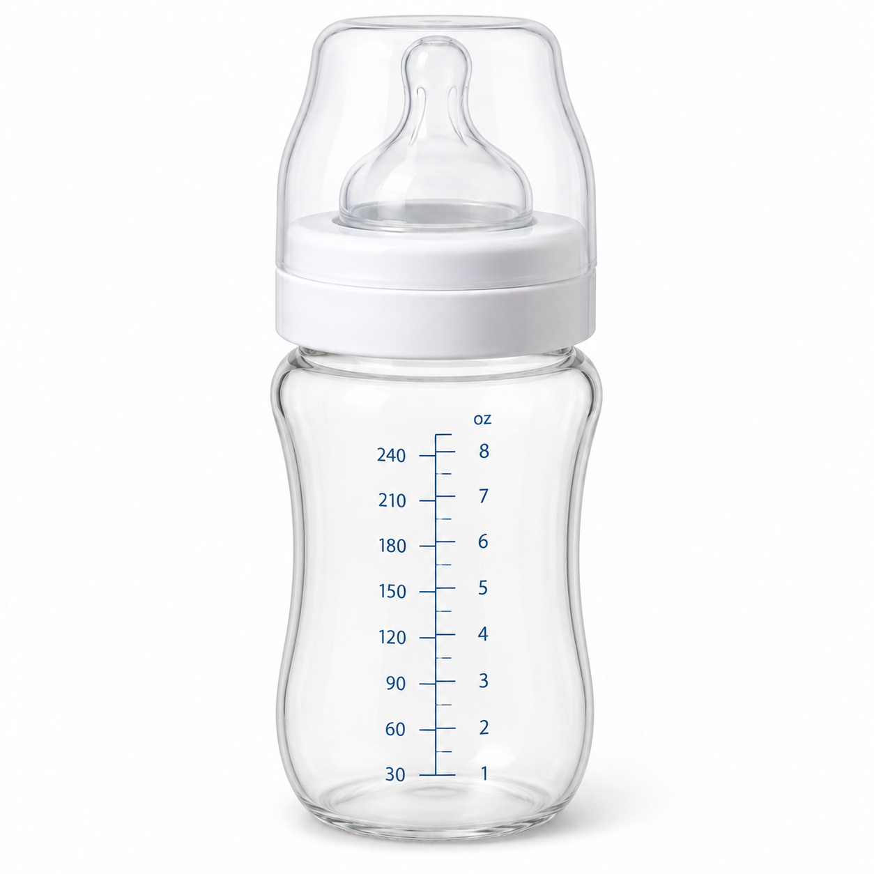 A standard baby bottle is a conventional feeding bottle that allows milk to flow through the teat when the baby sucks.